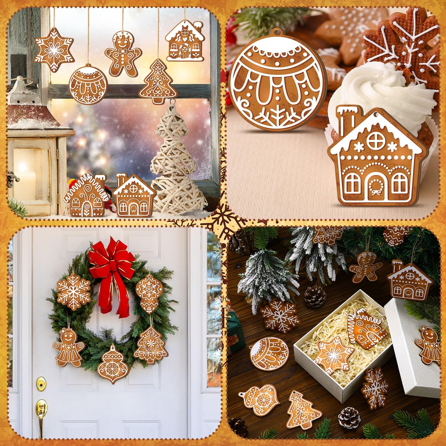 Quzzil 36 Pcs Christmas Gingerbread Ornaments for Tree Mini Snowflake Wooden Hanging Winter Xmas Ornaments with Ropes for Christmas Party Holiday Winter Crafts(Brown,36 Pcs,Gingerbread)