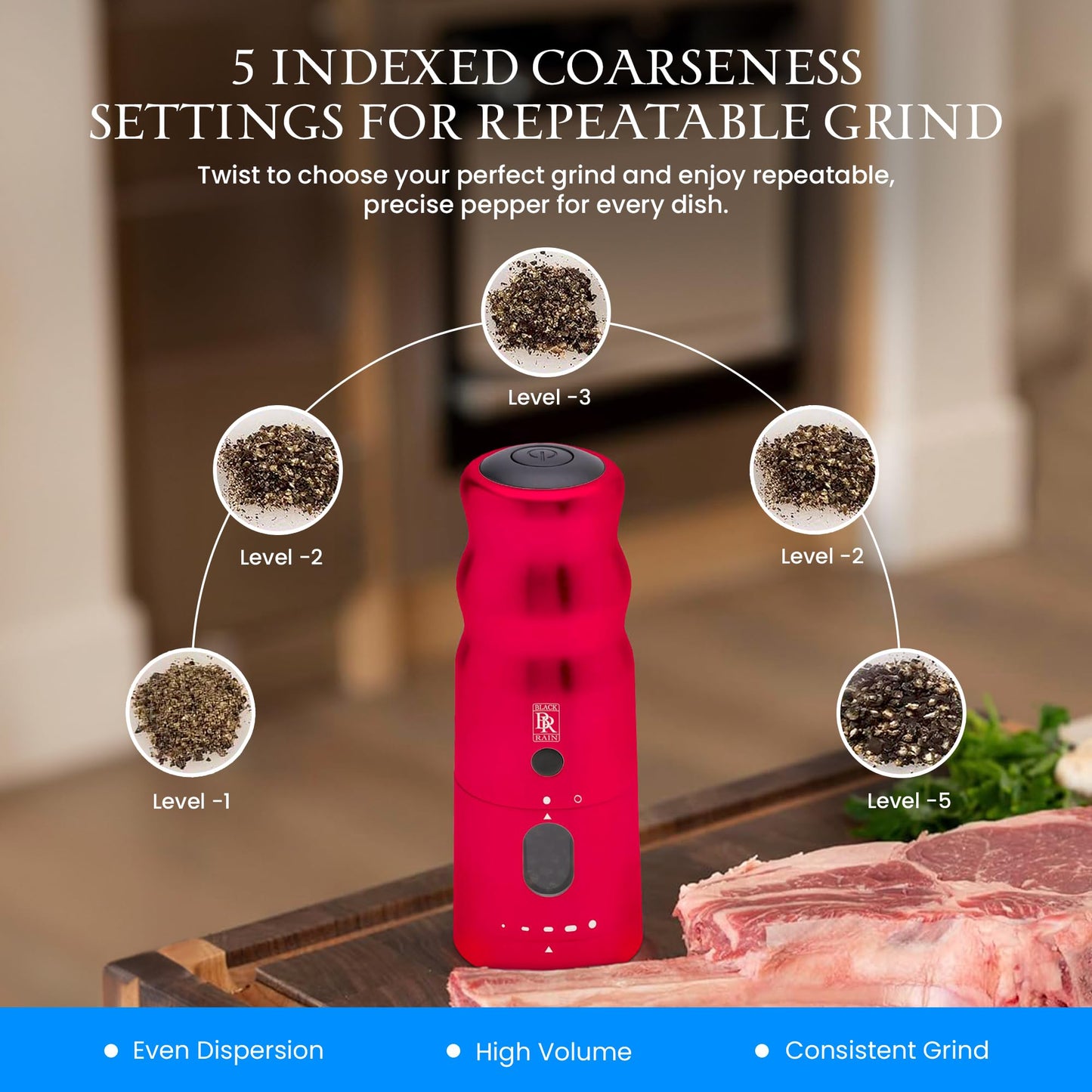 BLACK RAIN Pepper Mill Grinder, Adjustable Coarseness, Rechargeable Pepper Grinder with LED Light, Heavy Duty Professional Grade Electric Peppercorn Grinder (Matte Black)