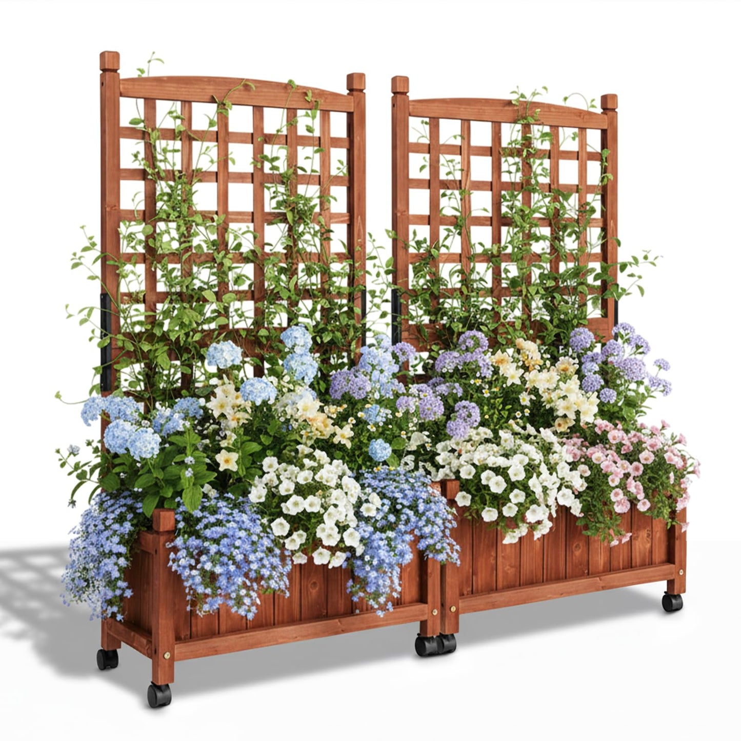 VINGLI 2PC Wooden Planter with Trellis, 50" Height Elevated Garden Beds Outdoor with Wheels, FreeStanding Planter Box with Drainage Holes for Flower, Vegetable, Fruit, Herb in Garden, Patio, Balcony
