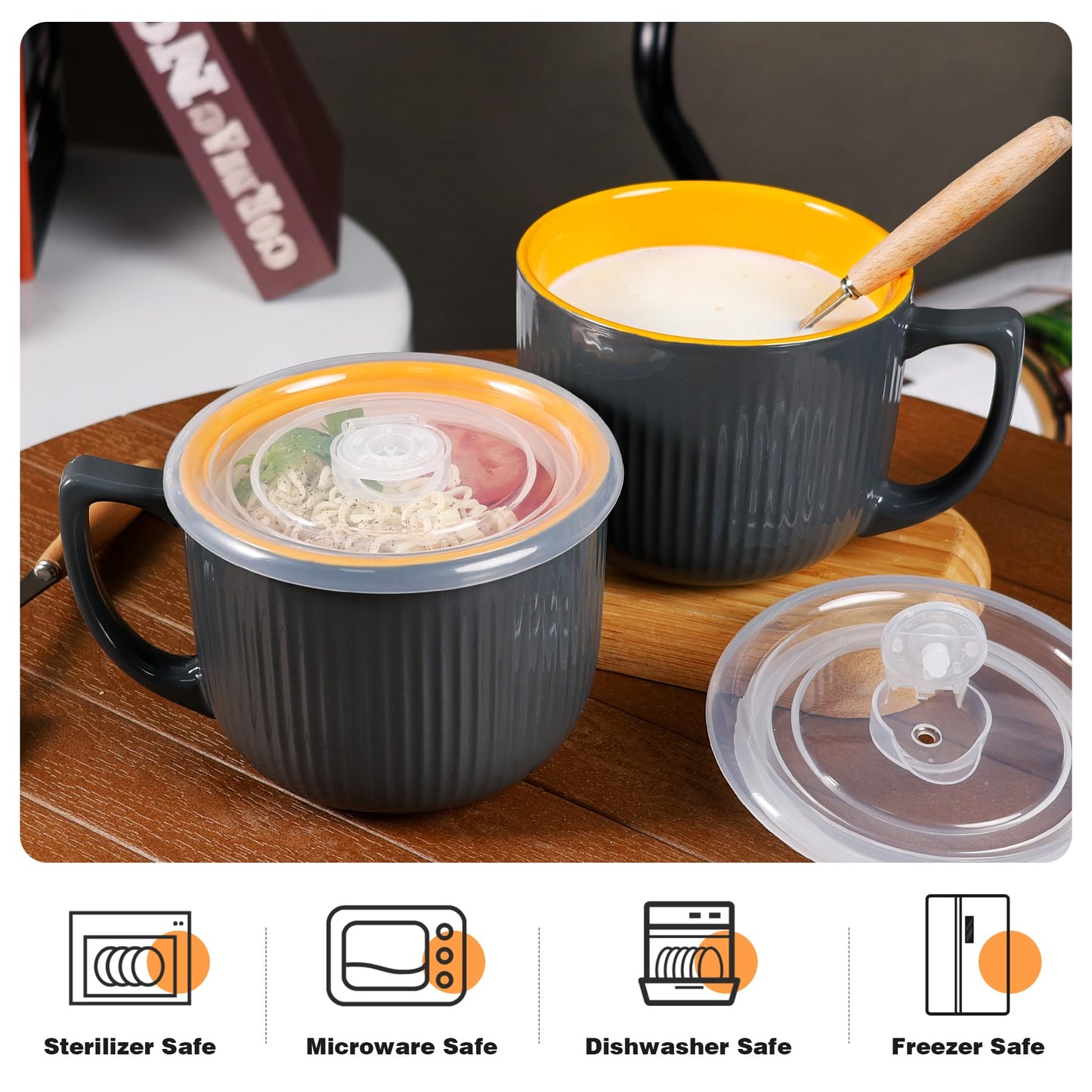 ZEBERBO Ceramic Soup Bowl with Handle 32oz – Microwave Ramen Bowl with Lid, Soup Mugs & Cups for Cereal, Oatmeal, Ramen, Instant Noodle, Soup Container with Lid (Gray)
