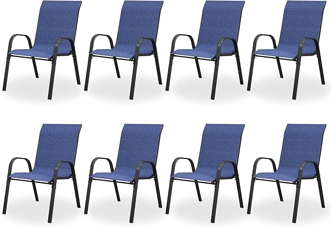Patio Dining Chairs Set of 8, Outdoor High Stacking Chairs，Breathable Seat Fabric and Alloy Steel Frame for Backyard, Porch, Garden, Sunroom (Blue)