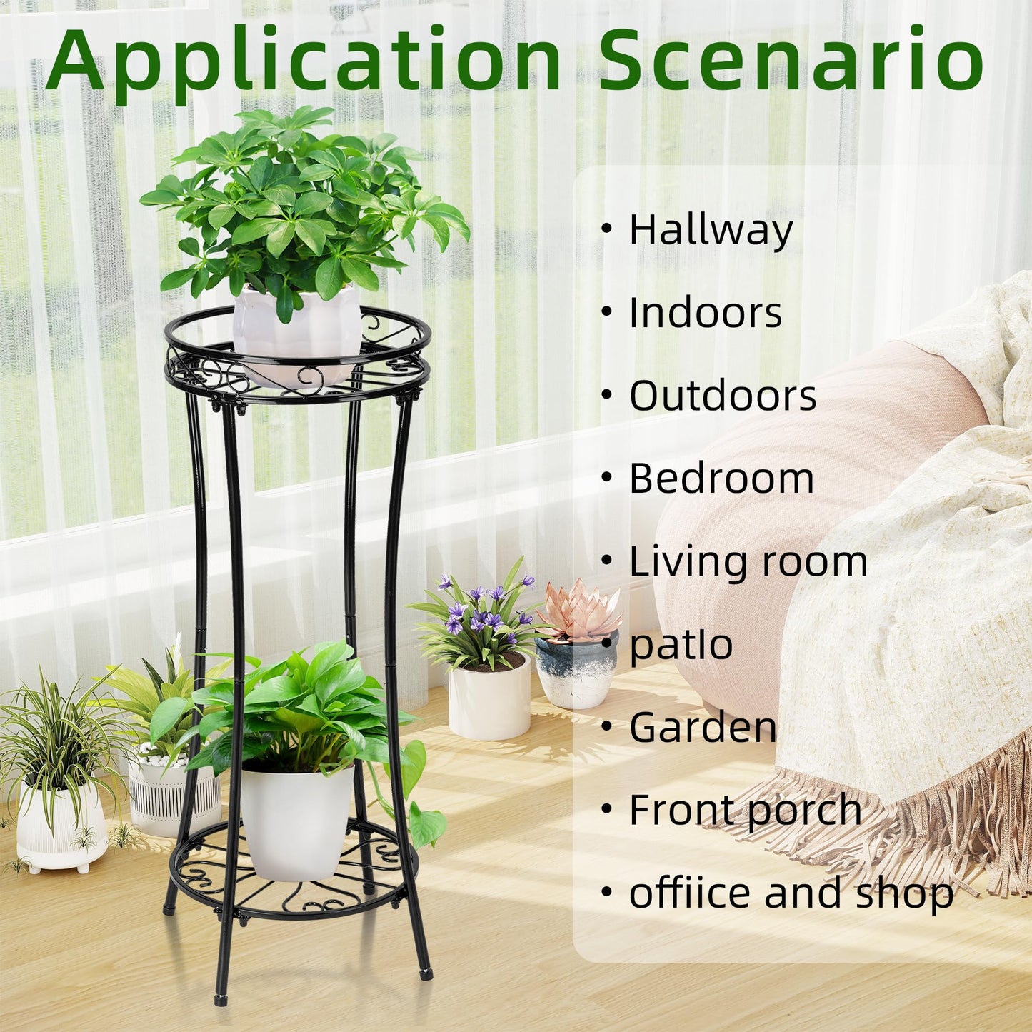 Plant Stand Indoor Outdoor 2 Tier 29" Tall Metal Heavy Duty Rustproof Plant Shelf, Round Multi Tier Flower Pot Holder for Garden Patio Balcony Black set of 2