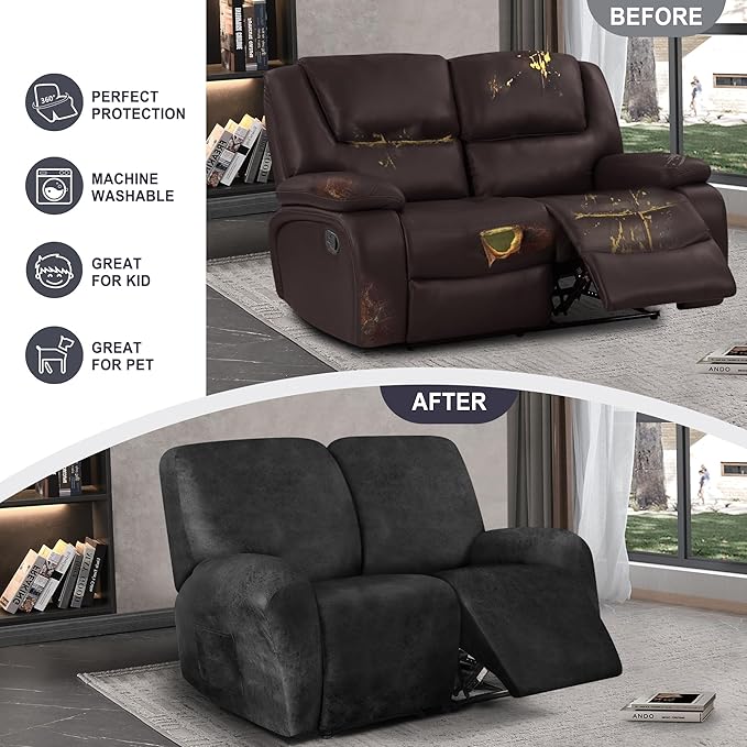 ANARACHON Leather Look Loveseat Recliner Cover, 6-Pieces Stretch Dual Recliner