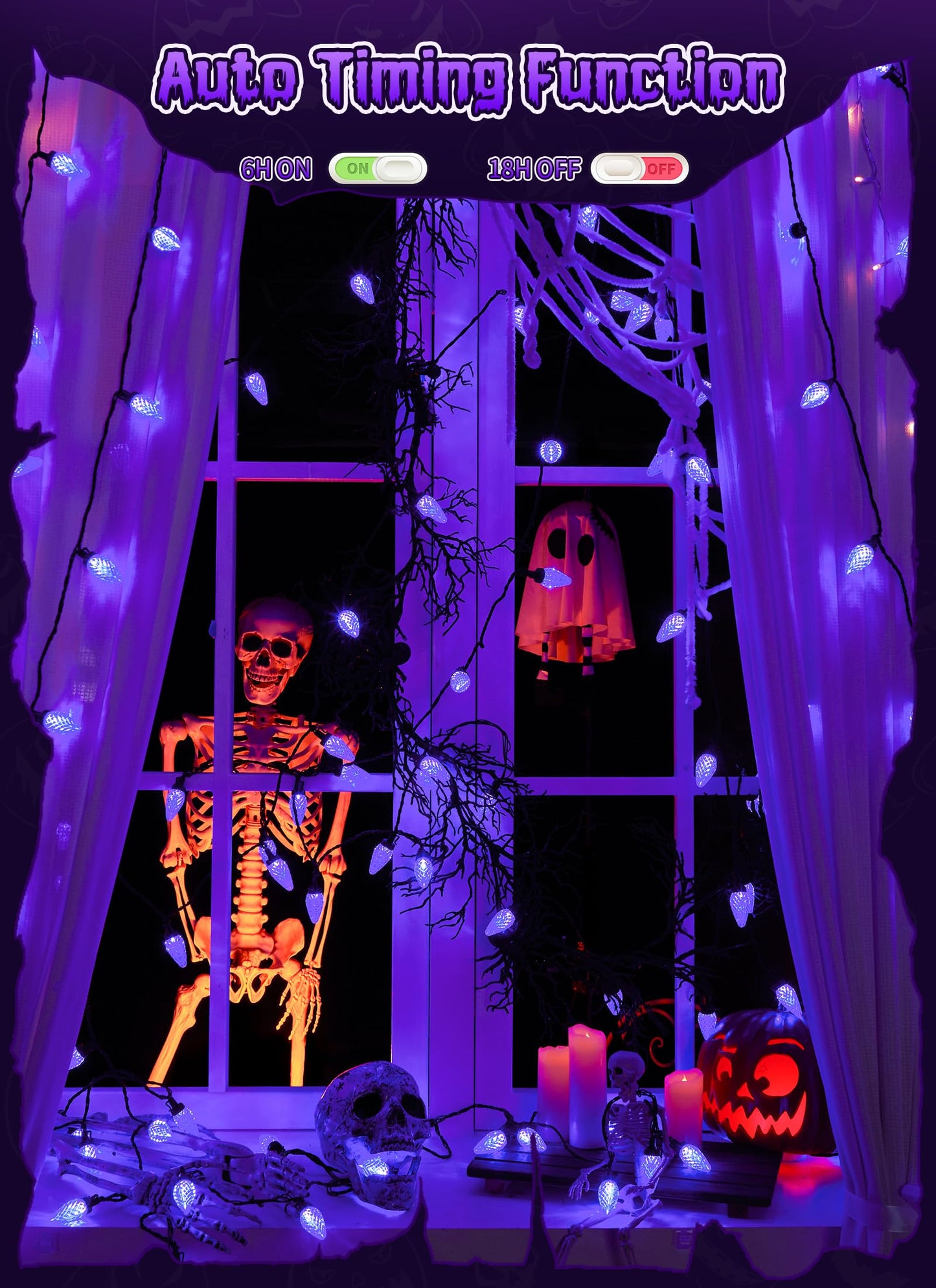 Brightown Halloween C9 LED Purple String Lights, 114FT 150 LED Halloween Lights with Timer & 8 Modes, Plug-in Waterproof Connectable Outdoor Lighting for House Patio Yard Porch Roof