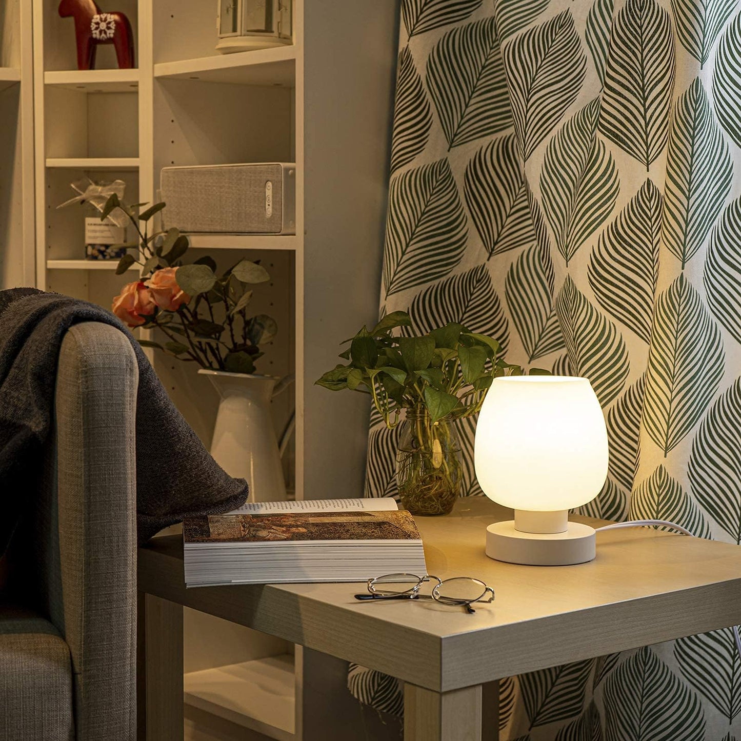 ONEWISH Modern Small Table Lamp - White Opal Glass Shade, Warm LED Bulb, 3-Way Dimmable, Touch Control, Indoor Use Only