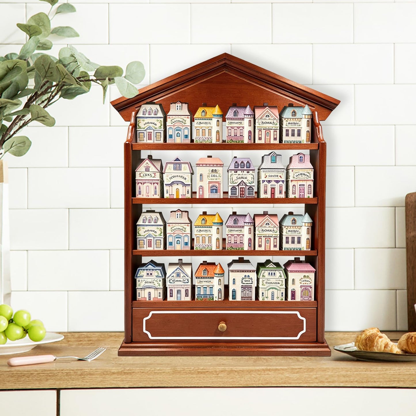 Yudlto Vintage Wooden Spice Rack with Drawer and 4 Shelves, Wall Mounted Spice Village Display Shelf for Kitchen Storage, Holds 24 Jars, 22 x 17 x 4 Inches, Rack Only