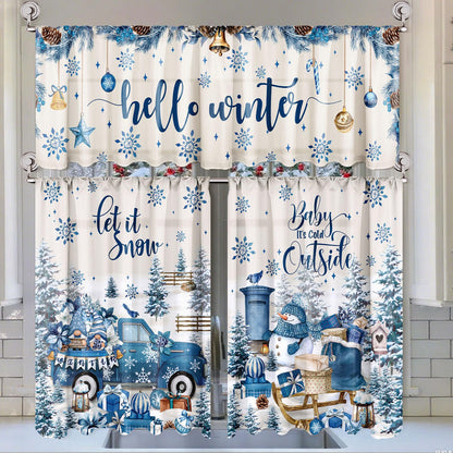 Breling 3 Pcs Winter Snowflake Kitchen Curtains Valances and Tiers Set for Windows Winter Snowman Gnome Gifts Pine Tree Decor Short Curtain Set for Bedroom Window Treatment Decor Party Supplies