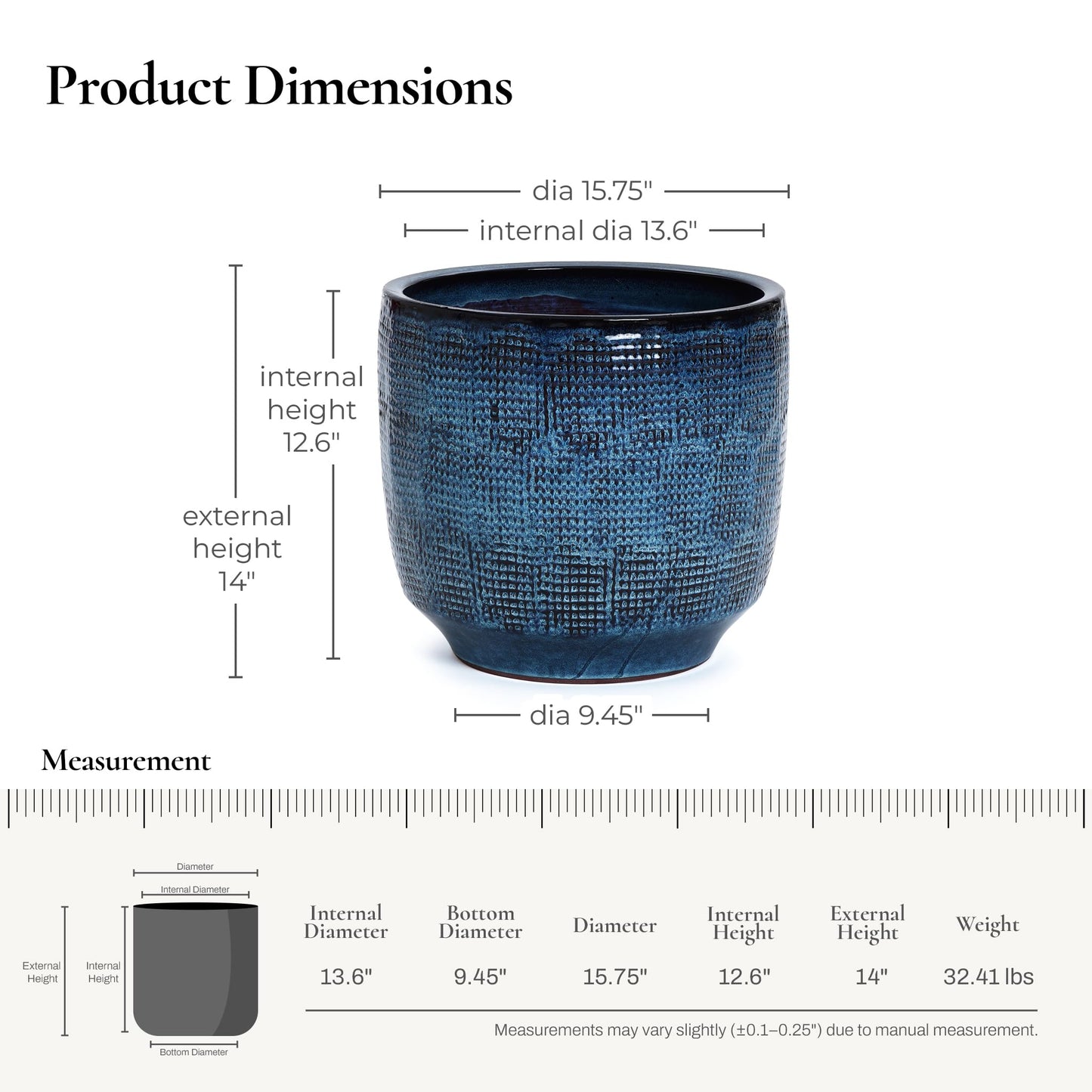 LuxenHome 15.75" Dia Large Ceramic Pots for Plants, Teal Blue Glazed Planters for Outdoor Plants, Round Indoor Flower Pots with Drainage Hole and Rubber Plug for Home Garden Patio