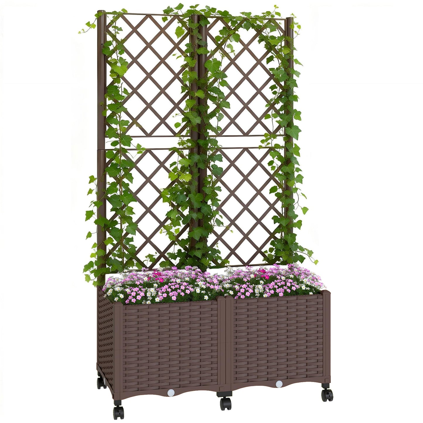 Outsunny Planter Box with Trellis, Self Watering Raised Garden Bed with Lockable Wheels, 56.3" Trellis Privacy Planter with Drainage Holes for Climbing Plants, Vines, Vegetables, Flowers, Brown
