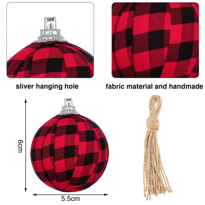 12 Pieces Christmas Buffalo Plaid Fabric Ball Ornament Decorative Plaid Ball Hanging Ornament for Christmas Farmhouse Decorations Supplies (White and Black, Red and Black)