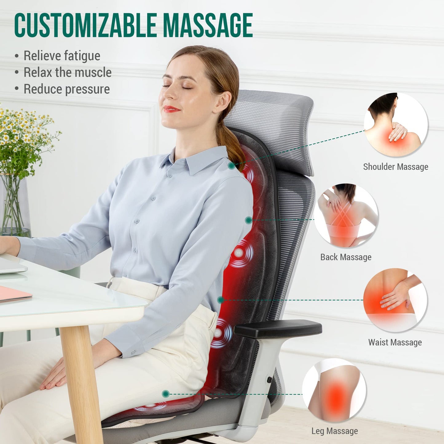 Snailax Back Massager with Heat, Memory Foam Chair Massage Pad, 5 Massage Modes & 2 Heat Settings, Seat Massager for Office Chair,Home Use