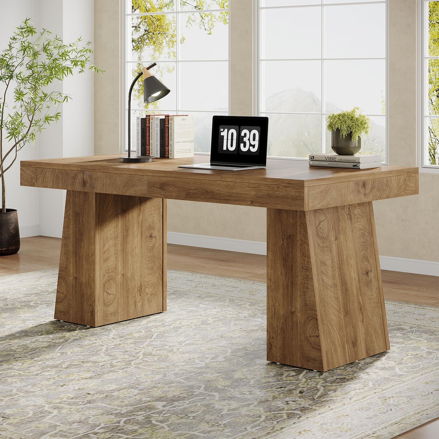 Tribesigns 55" Executive Desk, Wooden Office Desk with Double Pedestal, Modern Simple Computer Writing Table for Home Office, Light Brown