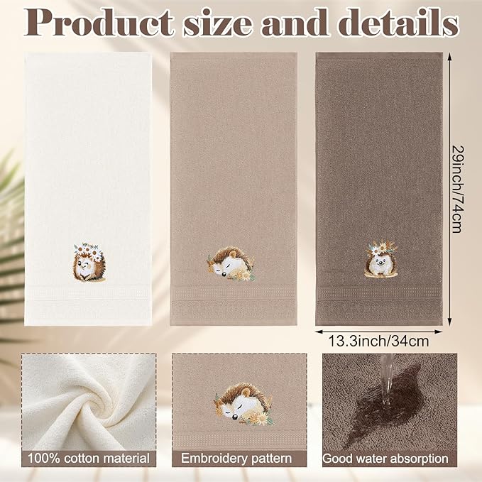 3 Pcs Hedgehog Floral Hand Towels Bathroom Decor Cute Hedgehog Gifts Decorative
