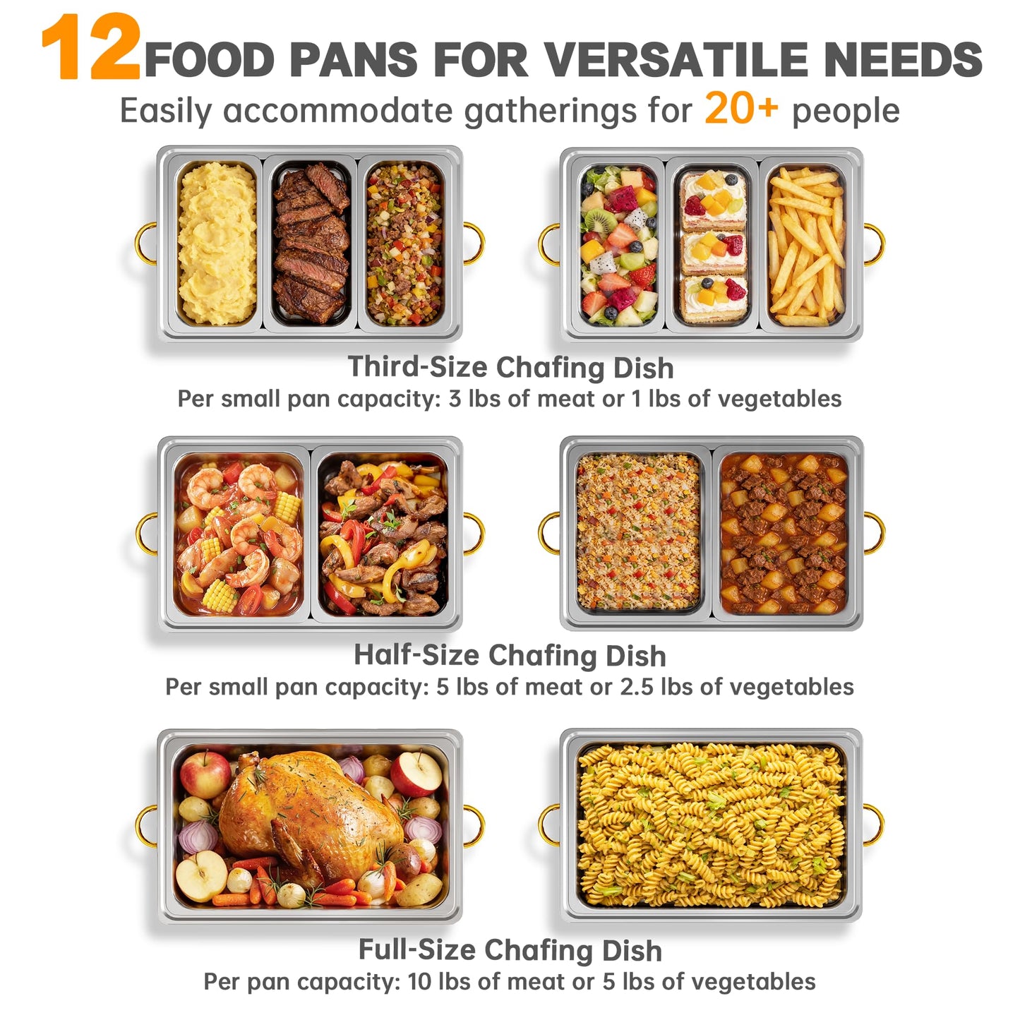 IMXSUMDA 6 Pack Chafing Dish Buffet Complete Set, 9.5QT Large Rolled Edge Stainless Steel Food Warmer with Foldable Frame, Water Pan & Fuel Holder, Elegant Gold & Silver for Party, Wedding, Catering