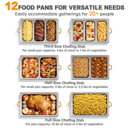 IMXSUMDA 6 Pack Chafing Dish Buffet Complete Set, 9.5QT Large Rolled Edge Stainless Steel Food Warmer with Foldable Frame, Water Pan & Fuel Holder, Elegant Gold & Silver for Party, Wedding, Catering