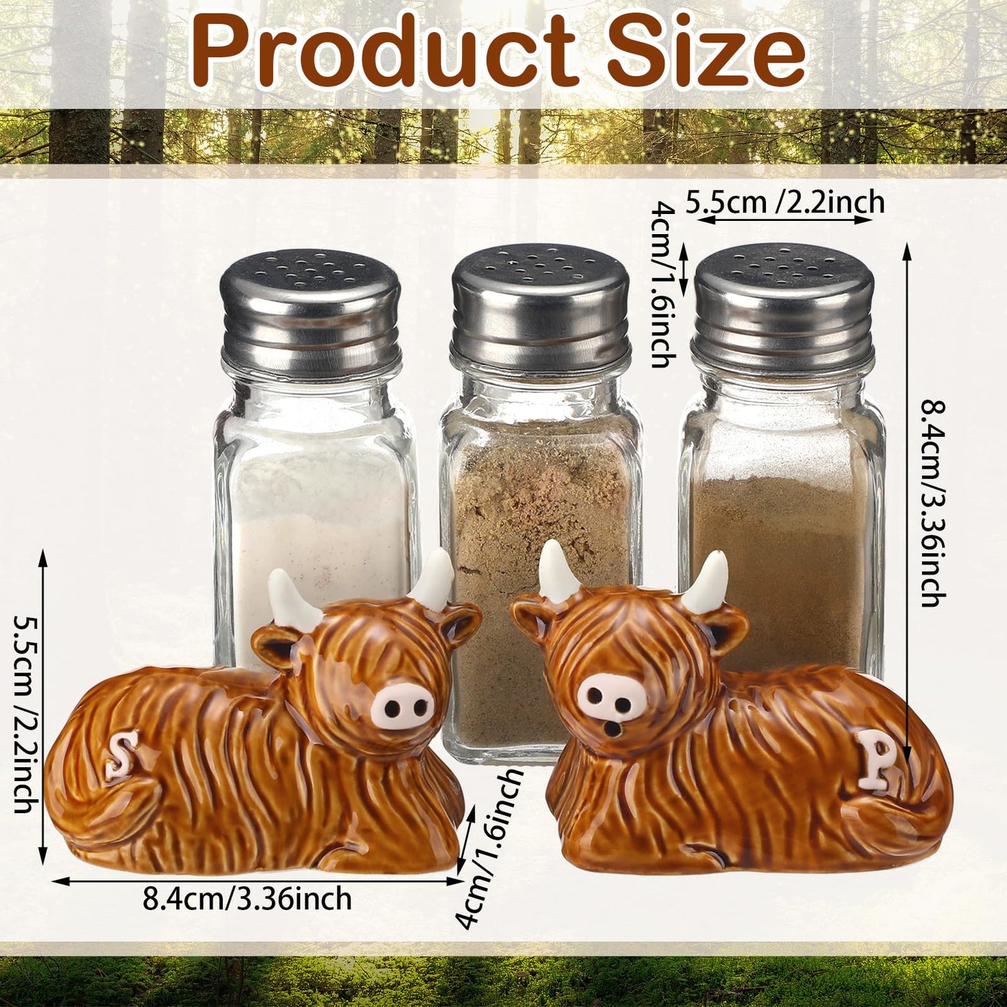 Potchen 2 Pcs Highland Cow Salt and Pepper Shaker Set Ceramic Kitchen Accessories Animal Spice Rack Scottish Highland Cow for Farm Animal Bull with Horns S&P