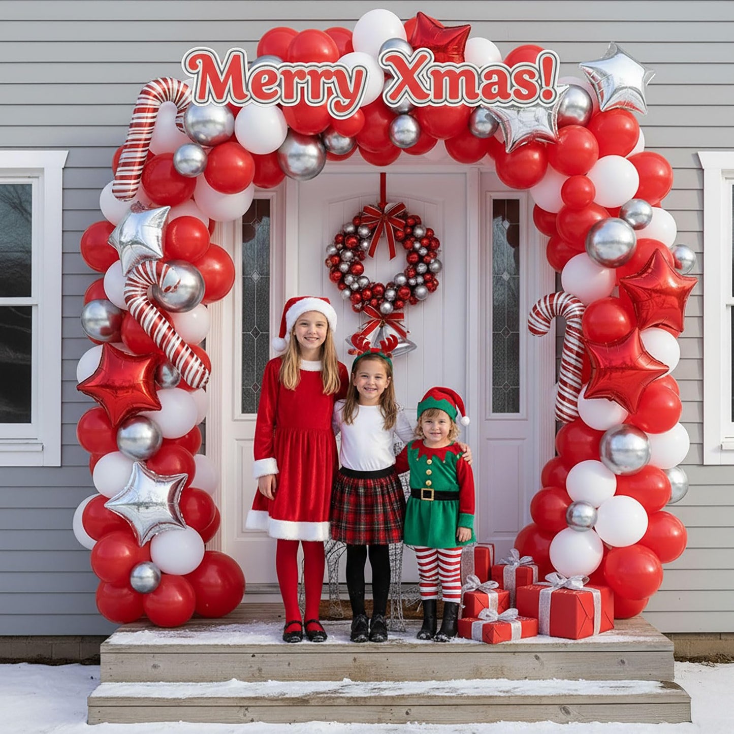 Red Christmas Party Decorations with Balloon Garland Arch Kit & Red White Silver Cane Candy Explosion Star Foil Balloons for Winter Xmas New Year eve Birthday Decorations