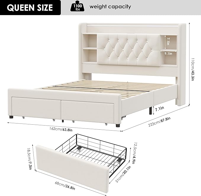 Queen Bed Frame with Drawers, Hidden-Cubby & Shelves Storage Headboard with