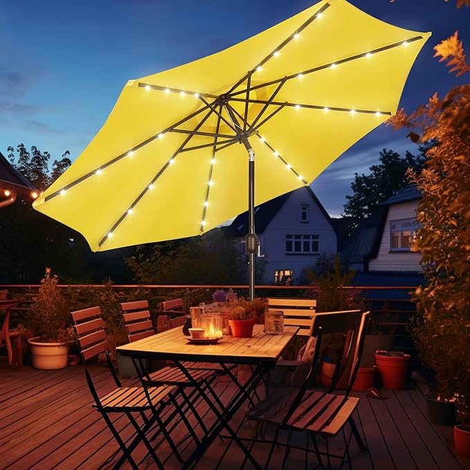 Blissun 9 ft Solar Umbrella, 32 LED Lighted Patio Umbrella, Table Market Umbrella, Outdoor Umbrella for Garden, Deck, Backyard, Pool and Beach (Yellow)