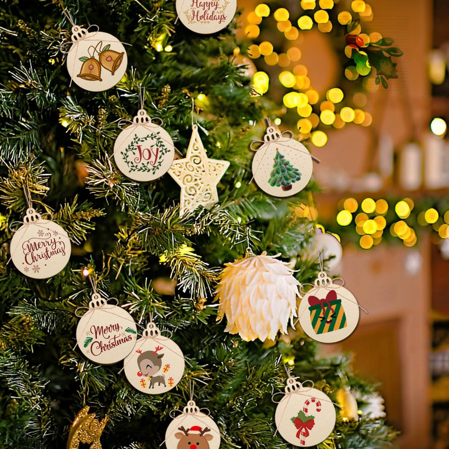 Artmag 100pcs Christmas Unfinished Wood Wooden DIY Hanging Ornaments Blank Round Wood Discs for Crafts Centerpieces Holiday Christmas Hanging Decor Decorations