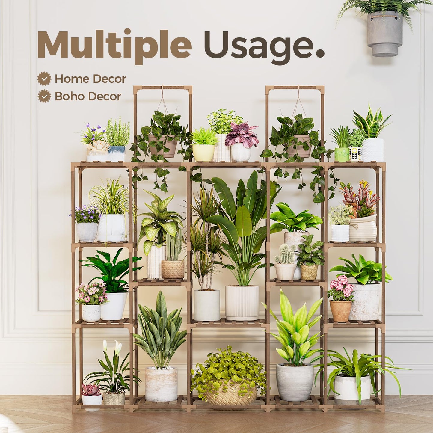 Bamworld Large Plant Shelf Plant Stand Indoor 62.2" Tall Outdoor Plant Holder Wood for Multiple Plants Hanging Plant Rack for Living Room Garden Balcony