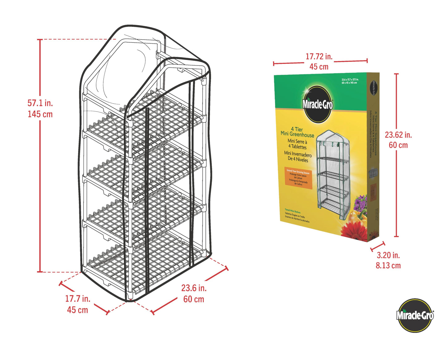 Miracle-Gro 23" x 17" x 57" 4-Tier Indoor/Outdoor Mini Greenhouse Plant Tent, All-Season Compact Plant Growth Accelerator with PVC Cover and Roll-Up Zipper Door, Clear