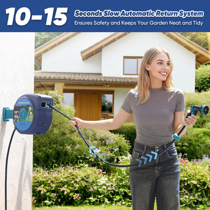 Tuzoc Retractable Garden Hose, Heavy Duty Wall-Mounted Hose Reel with 180° Swivel Bracket, Automatic Slow Return System with 10 Function Nozzle, Any Length Lock for outside Watering,Cleaning（50ft）