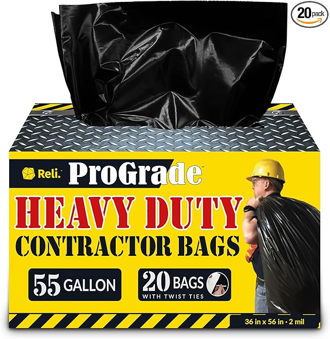 Reli. Contractor Garbage Bags 55 Gallon | 20 Trash Bags | Heavy Duty | Black