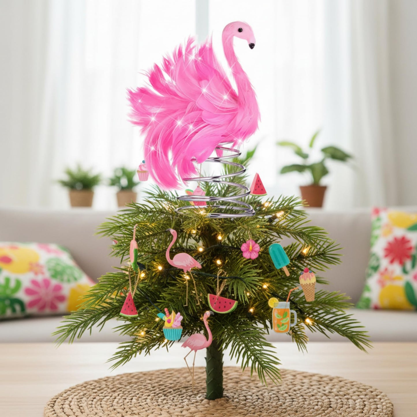 Gejoy 4 Inch Summer Pink Flamingo Mini Tree Topper with Artificial Fluffy Feather LED String Lights Light up Pink Flamingo Tropical Decorations for Small Christmas Tree Ornament Holiday Party Decor