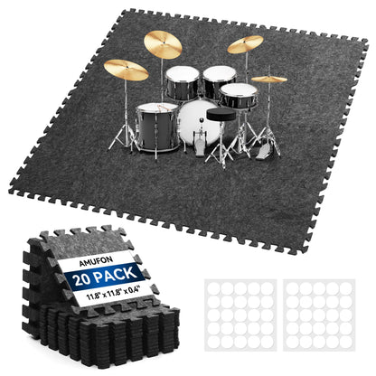 20 Pcs Interlocking Sound Absorbing Floor Mats, 11" x 11" x 0.4" High Density Anti Vibration Noise Reduction Pads, Non-Slip Felt Puzzle Mats for Drum, Piano, Music Studio, Home Gym