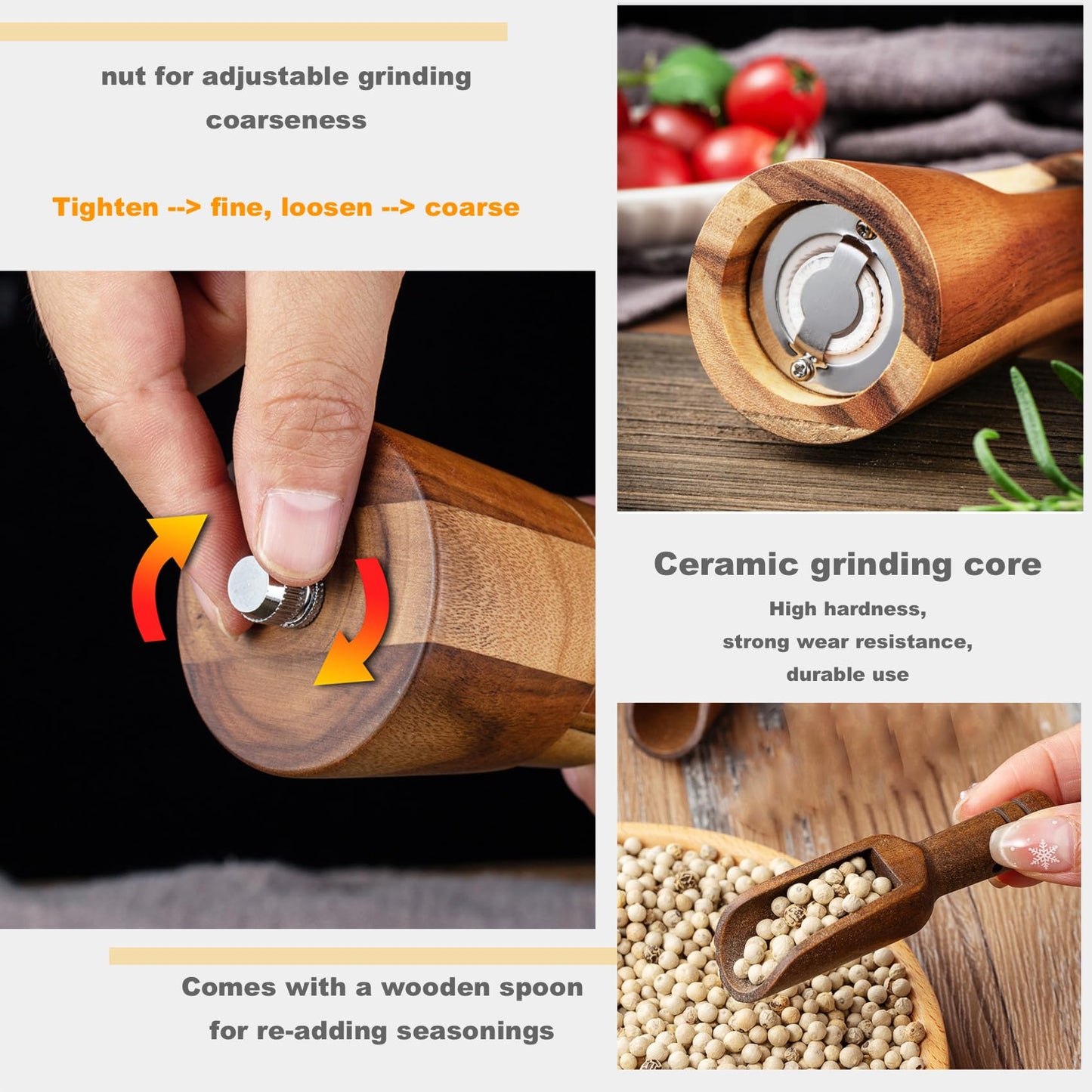 GCFTIFF Acrylic Wooden Salt and Pepper Grinder Set, Solid Acacia Wood Shakers with Adjustable Ceramic Steel Core,Manual Pepper Mill with Wooden Stand & Spoon(2pcs,8 inches)