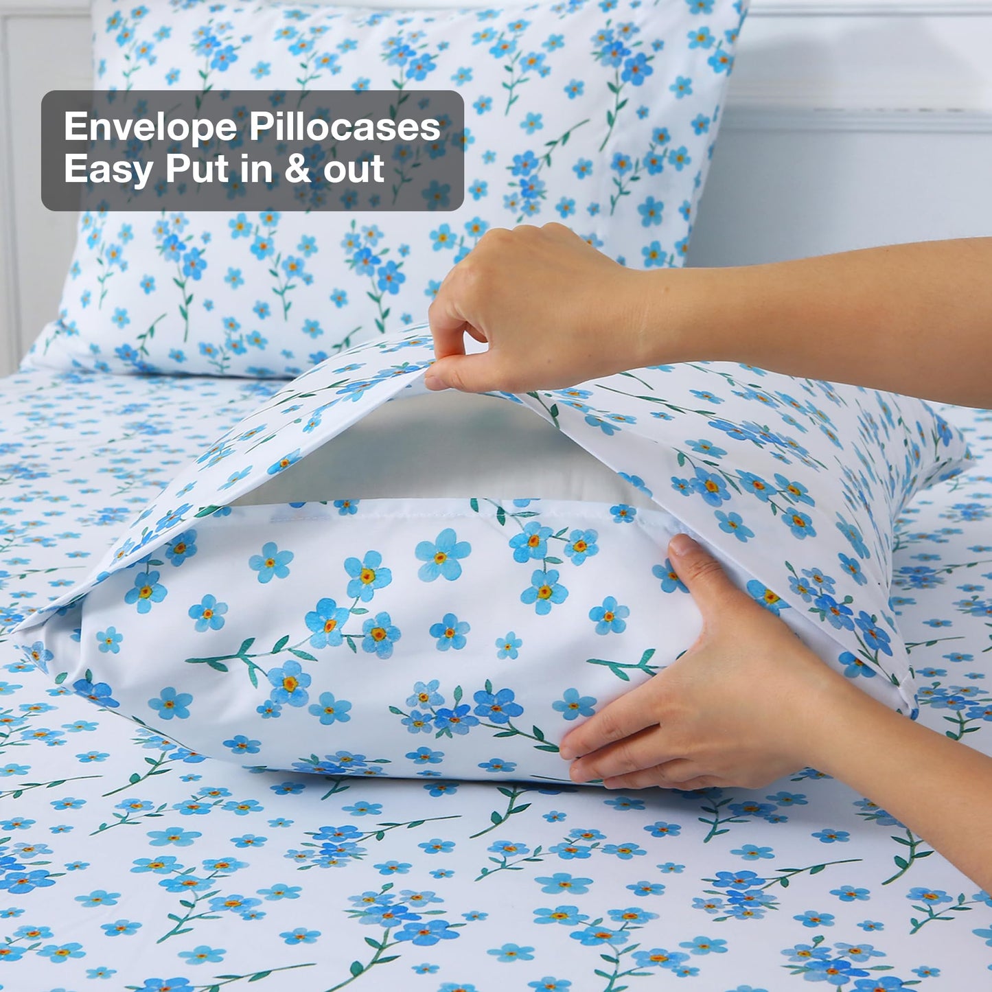 Viviland Floral Twin Sheet Set - 3 Piece Country Fresh Blue Flower Patterned Bed Sheets - Soft, Breathable Microfiber Sheets with Deep Pocket, Non-Slip Fitted Sheets & Pillowcases