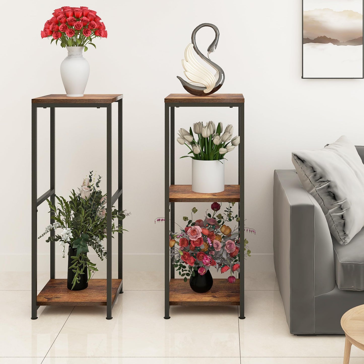 NOAMOO 32 inch Tall Metal Wood Plant Stand, Tier Potted Plant Shelf for Indoor, Flower Pot Holder for Corner Living Room Patio Balcony Garden, Kitchen and Bathroom Display Rack, Brown