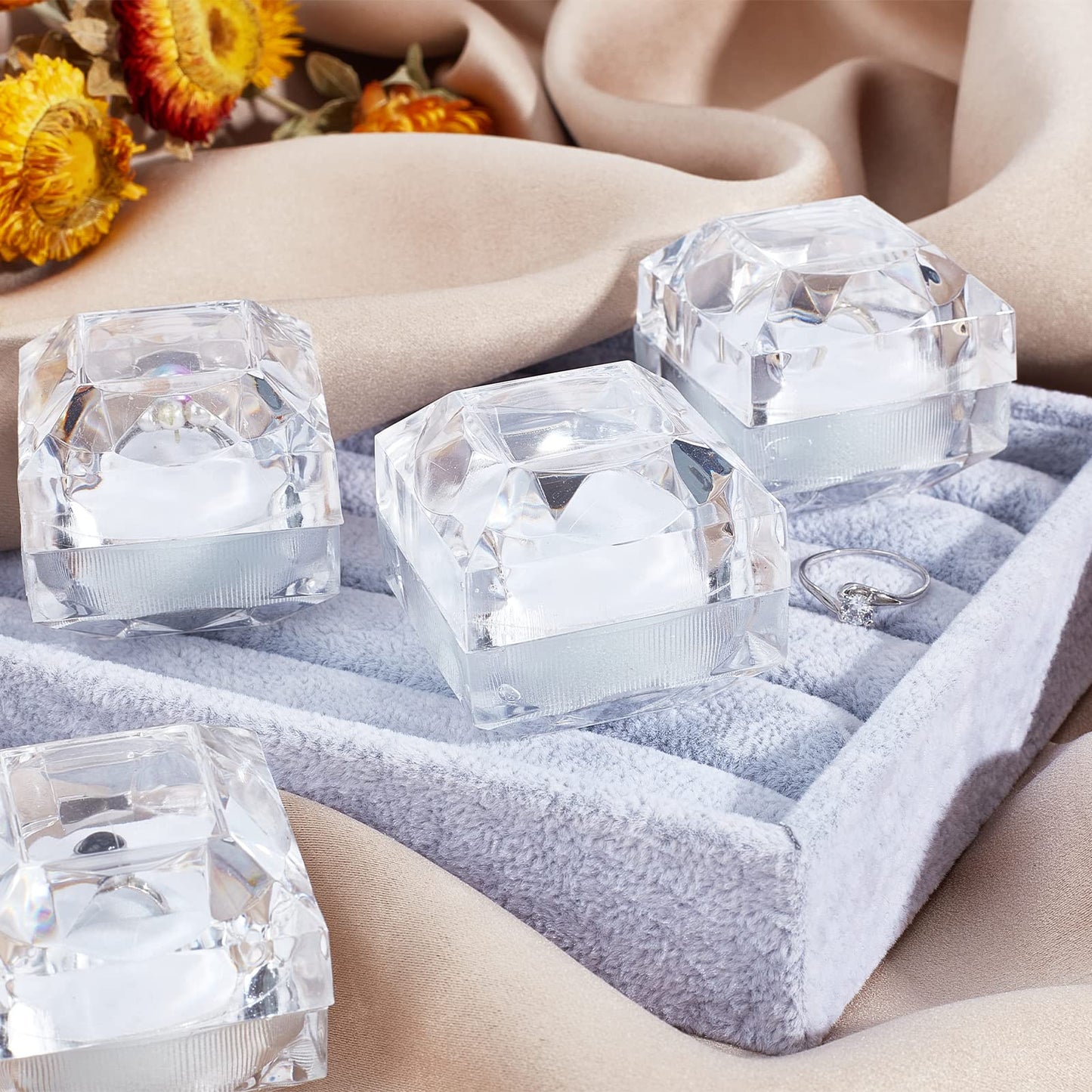 PH PandaHall 12pcs Clear Crystal Ring Gift Boxes Square Earrings Jewelry Storage Box Acrylic Ring Box Holder Display Organizer Case with Foam for Proposal Engagement Wedding Jewelry Display, White
