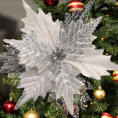 10'' Large Christmas Glitter Poinsettia Flowers Decorations, stadeco 10 Pcs Christmas Tree Picks Ornaments Artificial Flowers with Long Stems for Xmas Tree Wreath Garland Wedding Party DIY Decor
