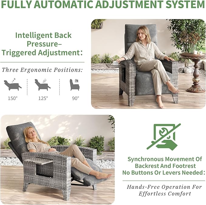IDEALHOUSE Wicker Outdoor Recliner Reclining Patio Chairs with Adjustable Back & Footrest 150° Lay-Flat Reclining with Air Pump Rattan Flip-Up Side Table Outdoor Lounge Chairs for Pool Deck Balcony