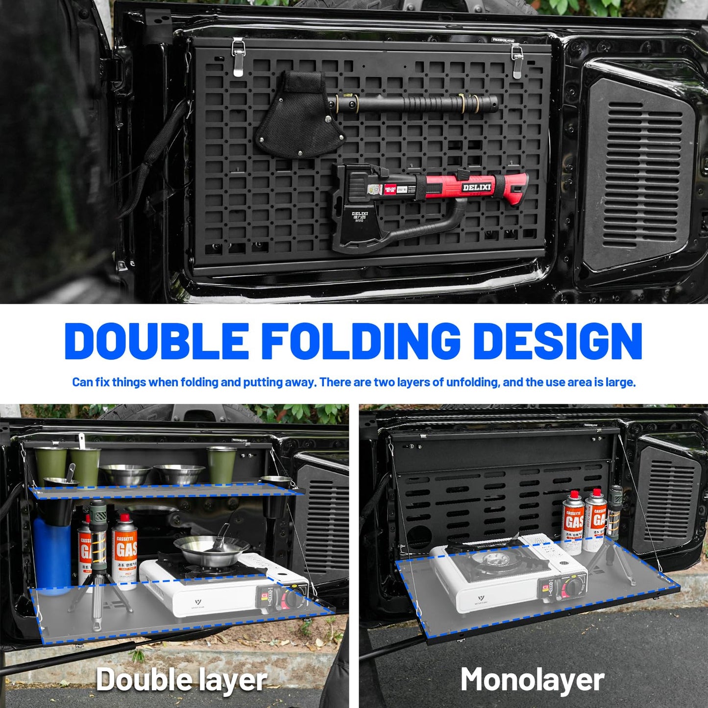 2-Tier Tailgate Table Molle Panel Compatible with Ford Bronco 2021-2025 Foldable Rear Storage Cargo Rack Shelf Camping Desk(Not Fit Bronco Sport)