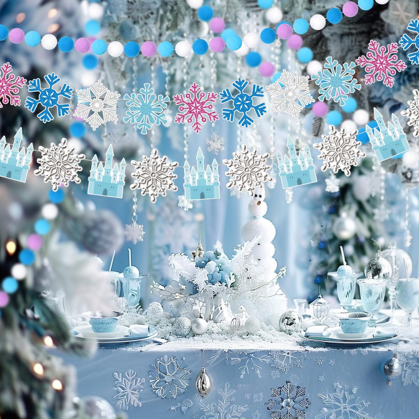 Fanfanwin 5 Pcs Snowflake Happy Birthday Banner Blue Snowflake Banner with Felt Castle Decorations Winter Holiday Party Decorations for Birthday Christmas