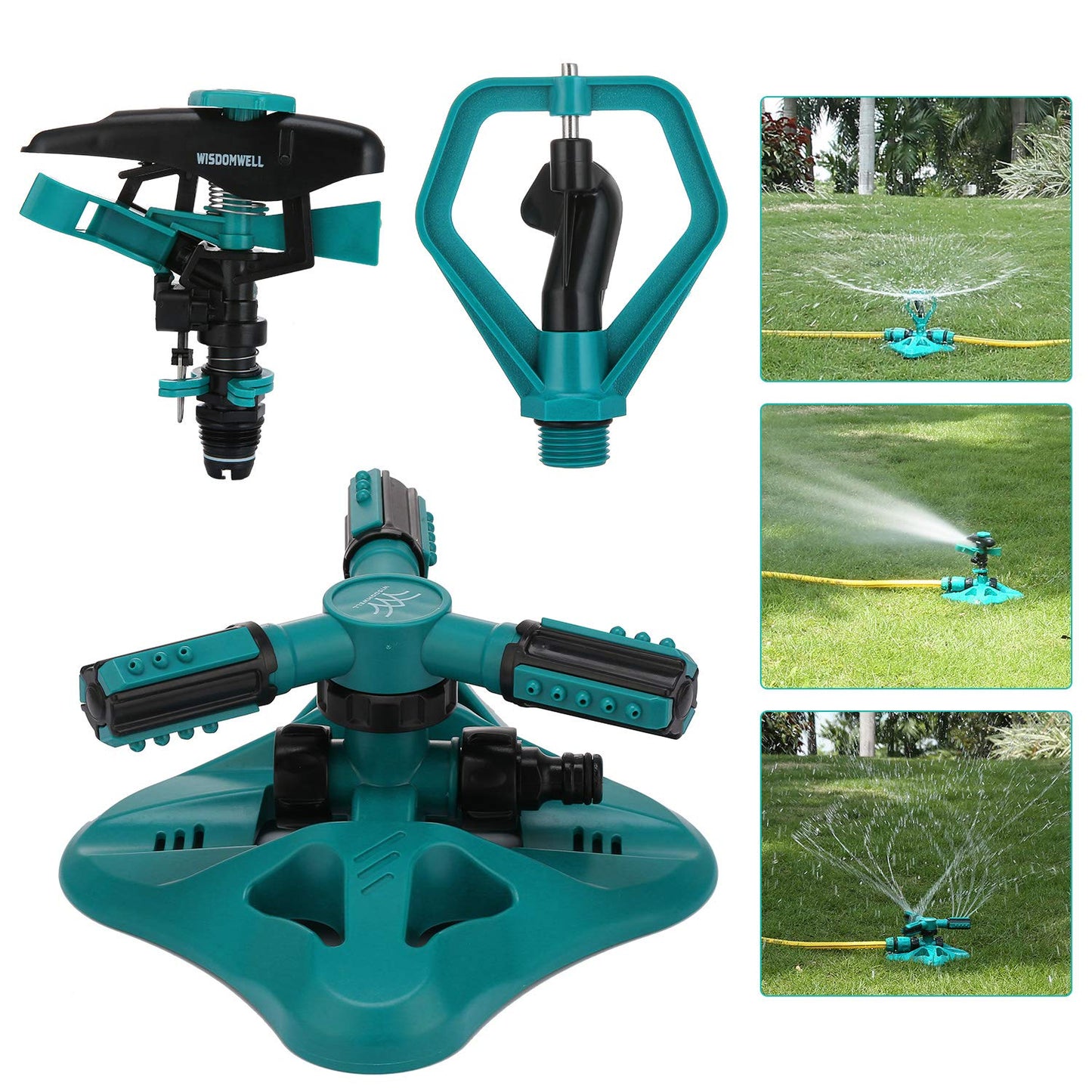 WISDOMWELL Garden Sprinkler Adjustable water spray range Suitable for large areas of lawn Automatic 360 Degree 3 Arm Rotating Sprinkler System Sprinklers (1Sprinkler+4Connectors+2 Sprinkler Head)