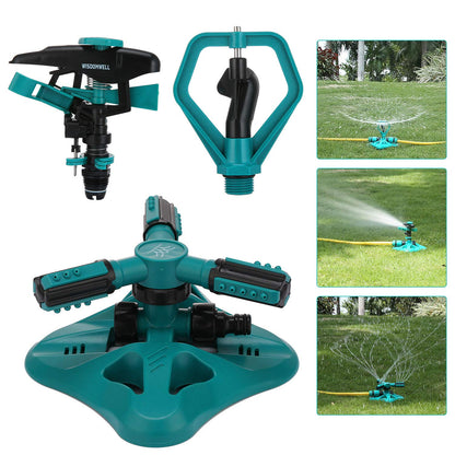 WISDOMWELL Garden Sprinkler Adjustable water spray range Suitable for large areas of lawn Automatic 360 Degree 3 Arm Rotating Sprinkler System Sprinklers (1Sprinkler+4Connectors+2 Sprinkler Head)
