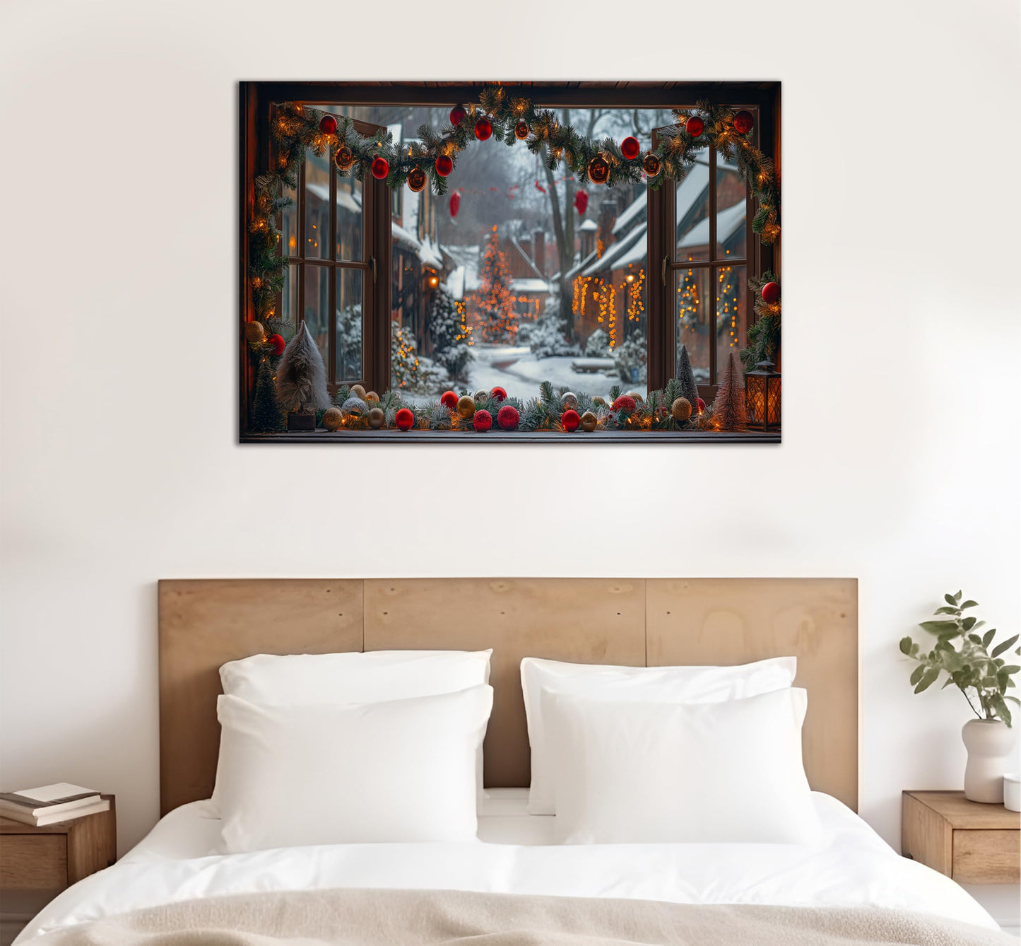 WOOHOOROO Fake Window Wall Sticker Festive Street Garland Christmas Peel and Stick Removable Holiday Scene,32" x 48"