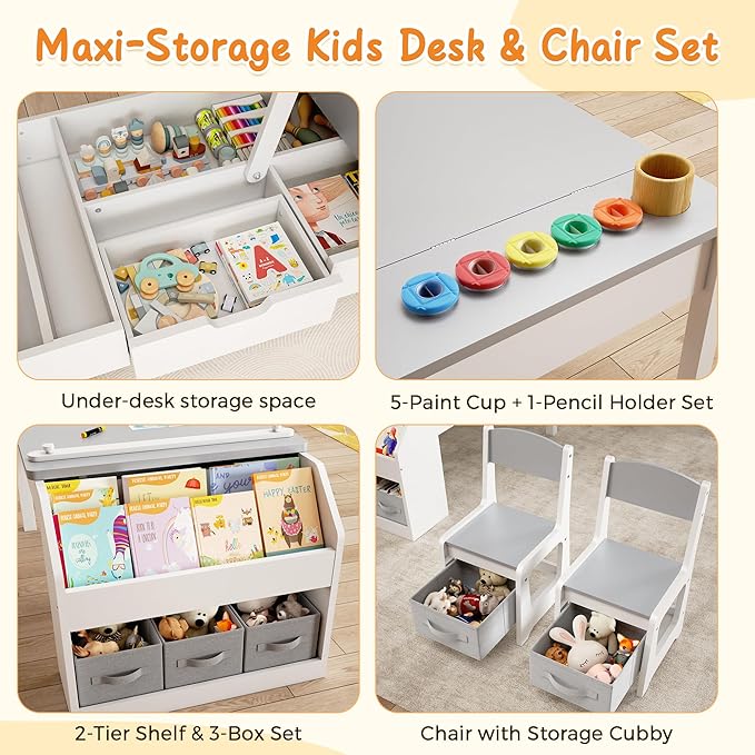 5-in-1 Kids Art Table and Chairs, Toddler Table and Chair Set, Craft Play Desk
