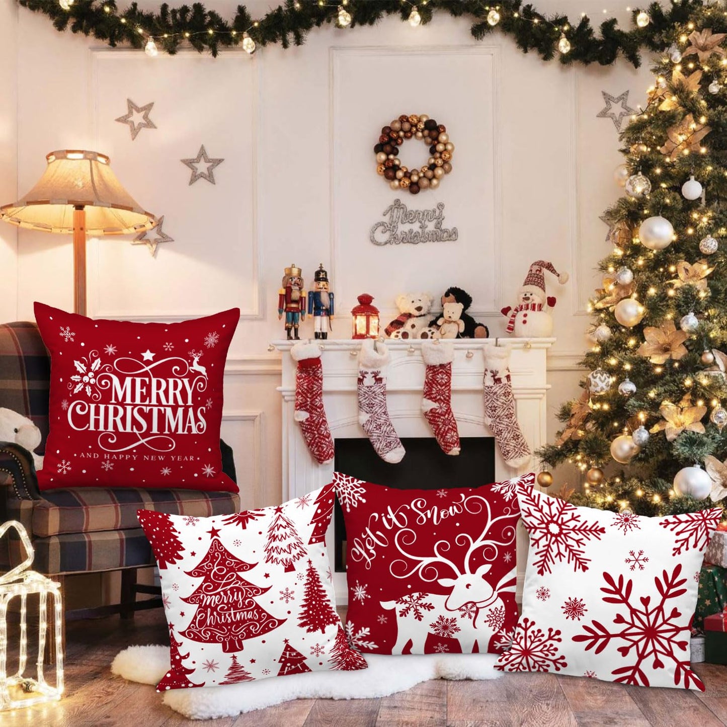 Lanpn White and Red 18x18 Christmas Pillow Covers Set of 4, Decorative 18 Inch Winter Snowflake Throw Pillow Case Xmas Cushion Cover for Indoor House Sofa Red