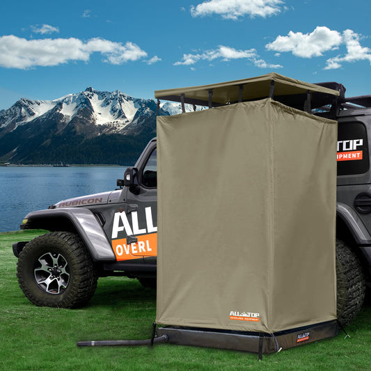 ALL-TOP Awning Shower Room w/Foldable Floor Mat, 3.3ft x 3.3ft, Privacy Shelter Restroom w/Roof, LED Light, Drain Pipe, Carside Bathroom
