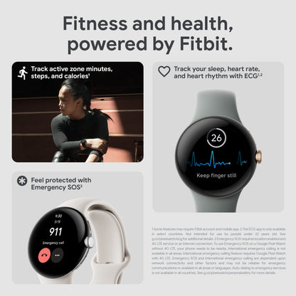 Google Pixel - Android Smartwatch with Fitbit Activity Tracking - Heart Rate Tracking Watch - Polished Silver Stainless Steel case with Charcoal Active band - LTE