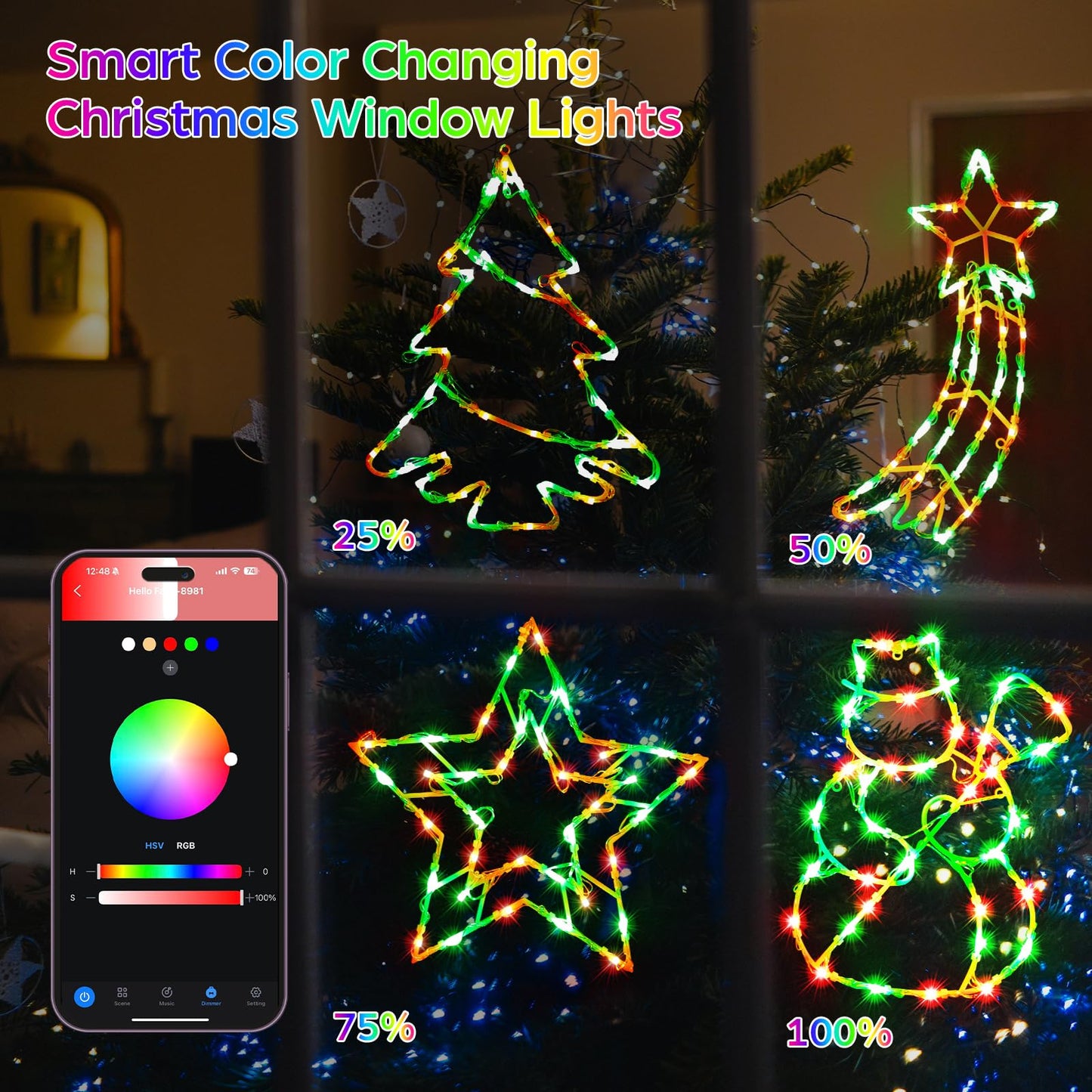 FANCILLUMA 4 Pack Smart Christmas Window Lights, Window Silhouette Lights, Christmas Decorations Indoor,Custom & Preset Modes,APP Control Snowman, Meteor, Christmas Tree, Star for Door Glass