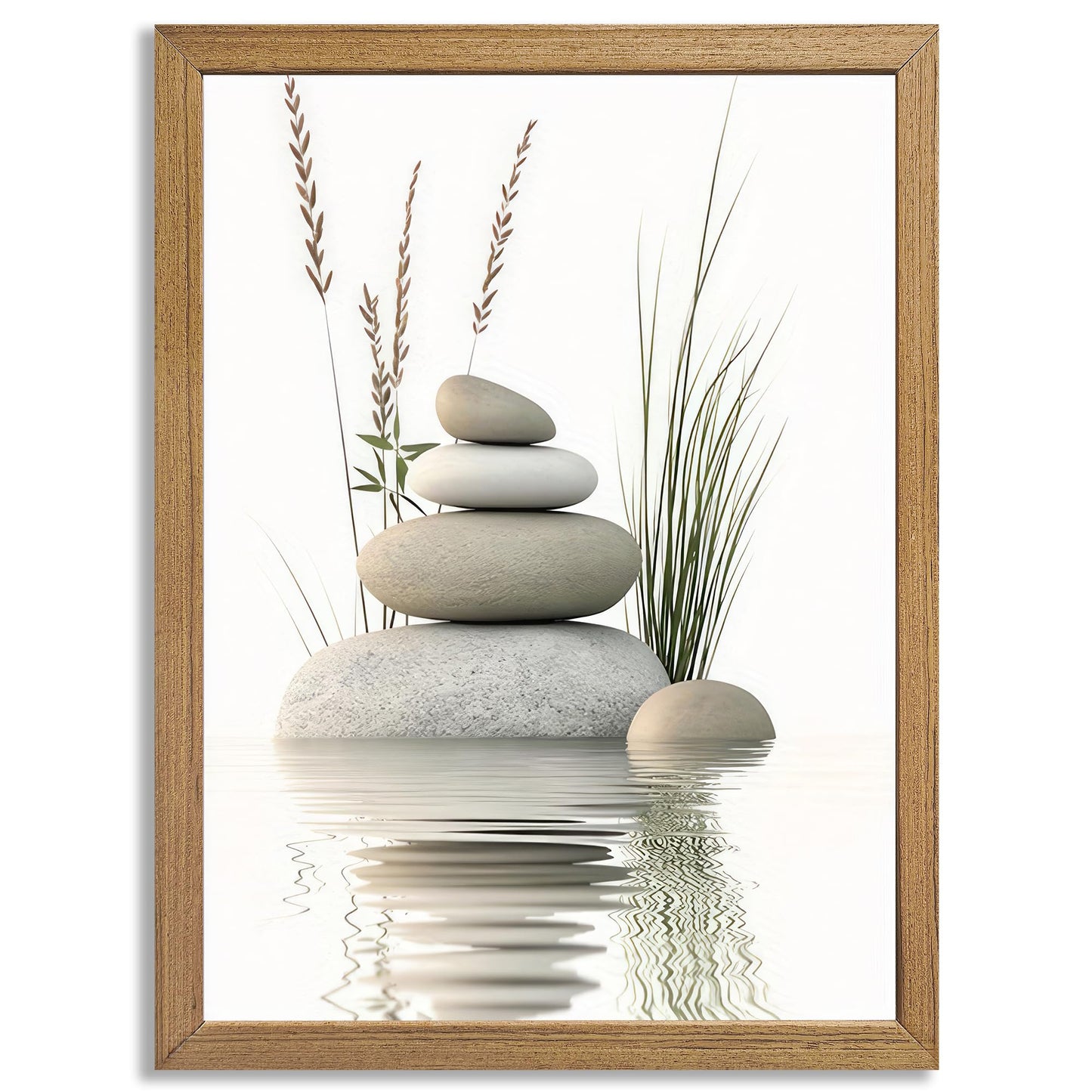 Calming Zen Stone Framed Wall Art - Serene Rock Balance with Water Reflection and Reeds, Natural Wood Frame Perfect for Bathroom, Spa, Living Roomor Meditation Decor 8''x10 Inch