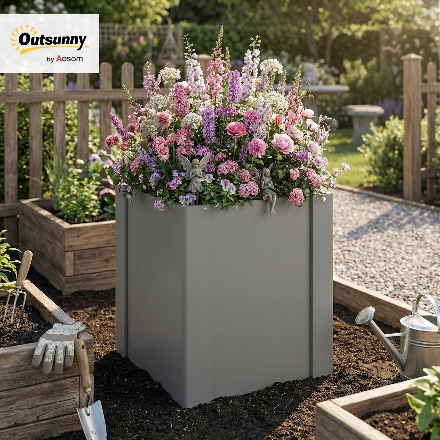 Outsunny Galvanized Tall Outdoor Planter Metal Square Large Planter Box with Open Bottom and Gloves for Vegetables, Flowers, Herbs, Outdoor Plants, 1.4 x 1.4 x 1.5 ft, Gray