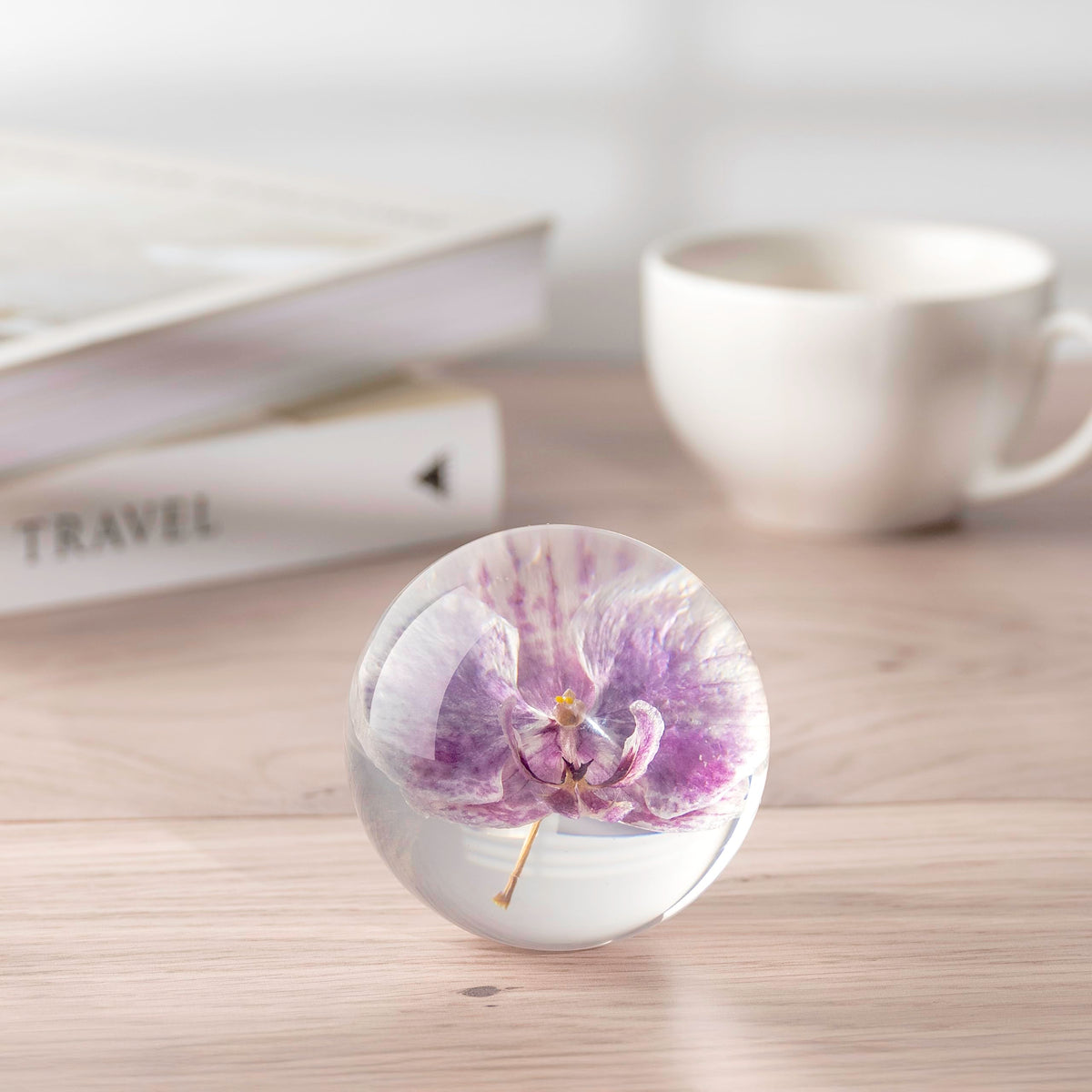 NouvoCrescent Real Purple Orchid Paperweight - Home Decor Crystal Resin Ball 3.14in (80mm) - Clear Resin Purple Orchid Flower Globe for Special Days - Sphere Figurine Office Paperweight w/Flat Bottom