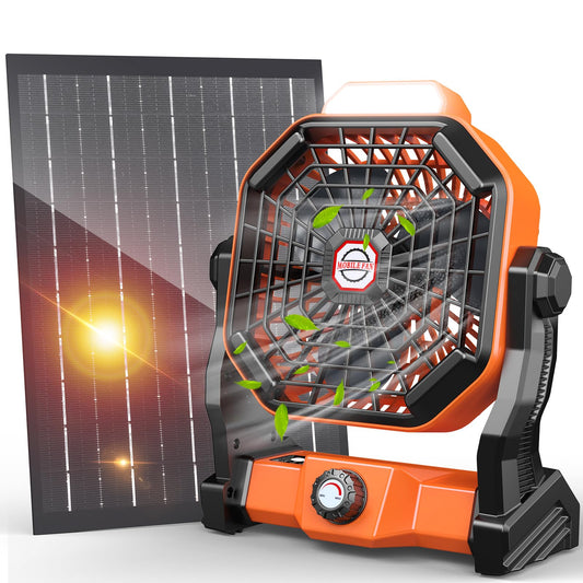 20000mAh Solar Fan, Camping Fan with Solar Panel, 7W 9-Inch Rechargeable Battery Operated Fans for Outside, LED Lantern, Stepless Speed and Quiet Battery Powered Solar Tent Fans for Outdoor, Barbecue